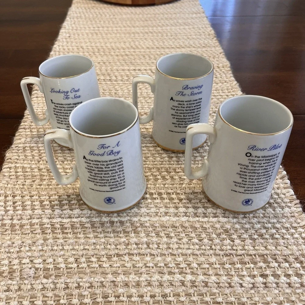 Norman Rockwell Coffee Mug set-Museum Series-Gold rim-Vintage Porcelain Set 4